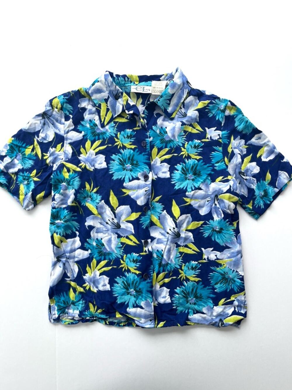 Vintage 2000s Y2K Hawaiian Shirt Soft Rayon Floral Print Button-Up Teal Blue